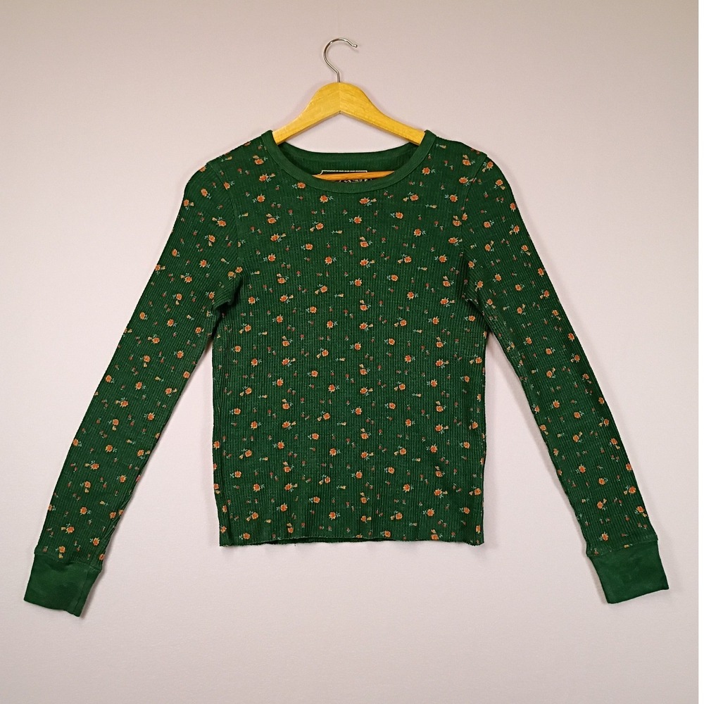 Cottagecore American Eagle Womens Small Green Floral Waffle Knit Thermal Top